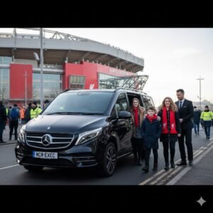 Liverpool vs Leeds chauffeur service with black Mercedes V-Class MPV, professional chauffeur assisting passengers outside Anfield Stadium on New Year’s Day, MCR-EXEC executive matchday transport