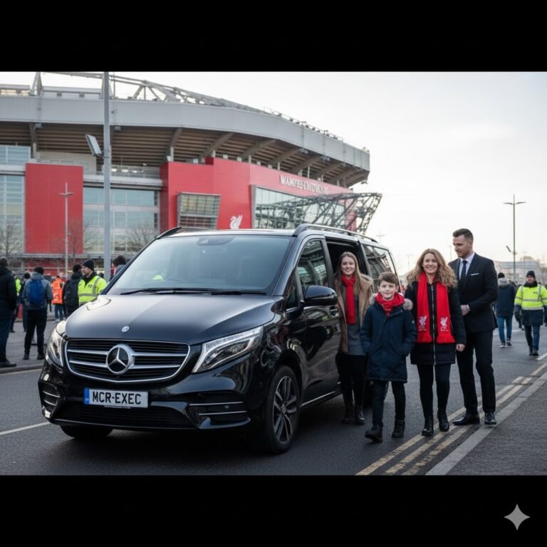 Liverpool vs Leeds chauffeur service with black Mercedes V-Class MPV, professional chauffeur assisting passengers outside Anfield Stadium on New Year’s Day, MCR-EXEC executive matchday transport
