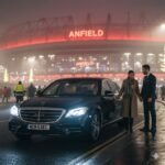 Liverpool vs Wolves chauffeur service with black Mercedes S-Class luxury saloon, professional chauffeur opening door for passengers outside Anfield Stadium at night, MCR-EXEC executive matchday transport