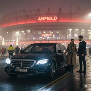 Liverpool vs Wolves chauffeur service with black Mercedes S-Class luxury saloon, professional chauffeur opening door for passengers outside Anfield Stadium at night, MCR-EXEC executive matchday transport