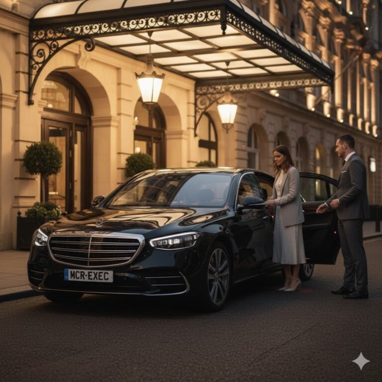 Luxury chauffeur services in the UK, showing a black Mercedes S-Class luxury saloon with MCR-EXEC number plate outside a premium UK hotel with a professional chauffeur