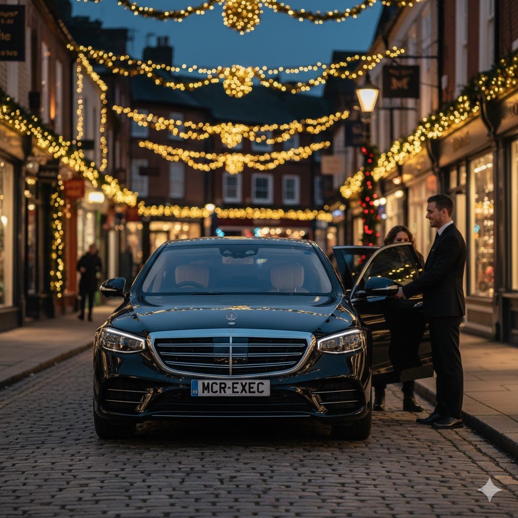 MCR EXEC Mercedes V-Class outside a premium Stockport location for Executive Chauffeur Hire in Stockport