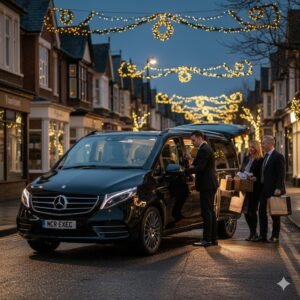 A black Mercedes V-Class operated by MCR EXEC loads passenger gifts outside The Heatons in Stockport under festive street lights during December.