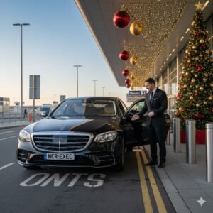 A black Mercedes S-Class from MCR EXEC positioned at Manchester Airport Terminal 2 during Christmas 2025, showing the chauffeur assisting a traveller. The scene highlights festive lighting and winter surroundings, capturing the Manchester Airport Christmas Chauffeur service.