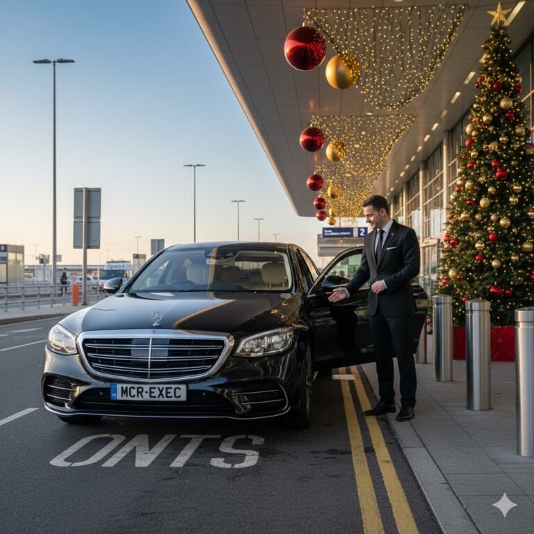 A black Mercedes S-Class from MCR EXEC positioned at Manchester Airport Terminal 2 during Christmas 2025, showing the chauffeur assisting a traveller. The scene highlights festive lighting and winter surroundings, capturing the Manchester Airport Christmas Chauffeur service.