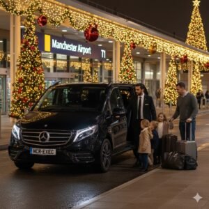 A 2025 black Mercedes V-Class from MCR EXEC positioned at Manchester Airport Terminal 1 during the Christmas season. The chauffeur assists a travelling family with multiple suitcases while festive lighting, winter sky hues, and airport signage complete the scene. This image captures the comfort and reliability associated with the Manchester Airport Christmas Chauffeur service.