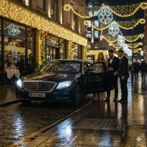 A black Mercedes S-Class operated by MCR EXEC is parked outside The Ivy Manchester as a chauffeur opens the rear door for guests attending a festive Christmas dinner. Night-time reflections, seasonal lighting, and elegant city ambience emphasise premium chauffeur travel for December dining events.
