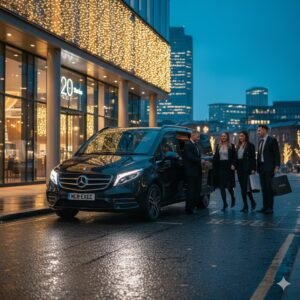 A black Mercedes V-Class from MCR EXEC is positioned outside 20 Stories Manchester as a chauffeur assists colleagues carrying coats and Christmas gift bags. Festive lighting and panoramic city views highlight luxury group transport for corporate Christmas dinners.