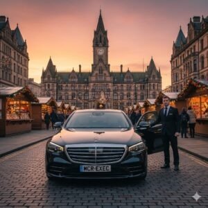 A luxury 2025 black Mercedes S-Class from MCR EXEC parked beside Albert Square during the Manchester Christmas Markets. The chauffeur opens the rear door as festive lights glow across wooden stalls. The scene captures premium Manchester Christmas Markets Chauffeur service with warm winter ambience and elegant city lighting.