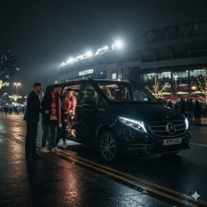 Manchester United vs Newcastle chauffeur service with black Mercedes V-Class MPV, professional chauffeur assisting passengers outside Old Trafford at night, MCR-EXEC executive matchday transport