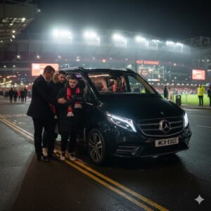Manchester United vs Wolves chauffeur service with black Mercedes V-Class MPV, professional chauffeur assisting passengers outside Old Trafford at night, MCR-EXEC executive matchday transport