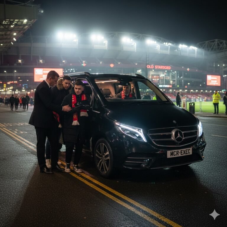 Manchester United vs Wolves chauffeur service with black Mercedes V-Class MPV, professional chauffeur assisting passengers outside Old Trafford at night, MCR-EXEC executive matchday transport