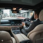 What does a chauffeur actually do in the UK, shown inside a black Mercedes E-Class executive saloon with a professional MCR-EXEC chauffeur driving during a UK city journey