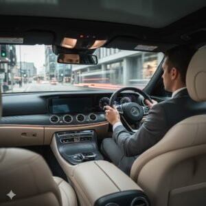 What does a chauffeur actually do in the UK, shown inside a black Mercedes E-Class executive saloon with a professional MCR-EXEC chauffeur driving during a UK city journey