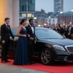 Chauffeur service for private events Manchester featuring a black Mercedes S-Class luxury saloon with MCR-EXEC number plate arriving on a red carpet as VIP guests attend an exclusive evening event in the city.