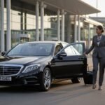 Corporate airport transfers Manchester with black Mercedes S-Class executive saloon operated by MCR EXEC, professional chauffeur assisting business traveller at Manchester Airport terminal, vehicle displaying MCR-EXEC number plate