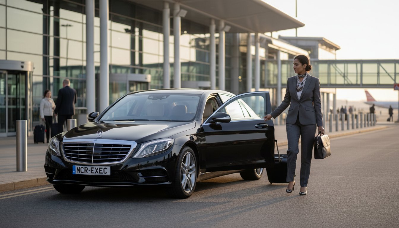 Corporate airport transfers Manchester with black Mercedes S-Class executive saloon operated by MCR EXEC, professional chauffeur assisting business traveller at Manchester Airport terminal, vehicle displaying MCR-EXEC number plate