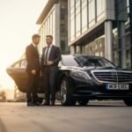 Corporate Chauffeur Service Manchester featuring MCR EXEC black Mercedes-Benz S-Class executive saloon with MCR-EXEC number plate, professionally dressed chauffeur greeting corporate clients outside a modern Manchester business district office, showcasing luxury business travel and executive transport.