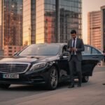 Corporate roadshow chauffeur UK with black Mercedes S-Class executive vehicle operated by MCR-EXEC, professional chauffeur opening the door for a business client in a modern city financial district.