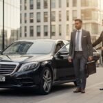 Corporate travel solutions Manchester featuring a professional MCR-EXEC chauffeur opening the door of a black Mercedes S-Class for a business executive in a modern city business district