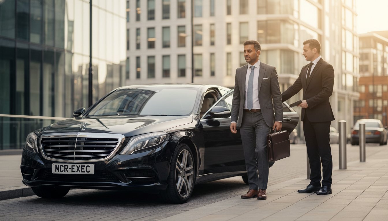 Corporate travel solutions Manchester featuring a professional MCR-EXEC chauffeur opening the door of a black Mercedes S-Class for a business executive in a modern city business district