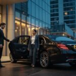 Executive car hire Manchester showing a professional MCR EXEC chauffeur opening the door of a black Mercedes S-Class saloon for a business passenger outside a modern city-centre office building at dusk, luxury corporate chauffeur service with MCR-EXEC number plate.