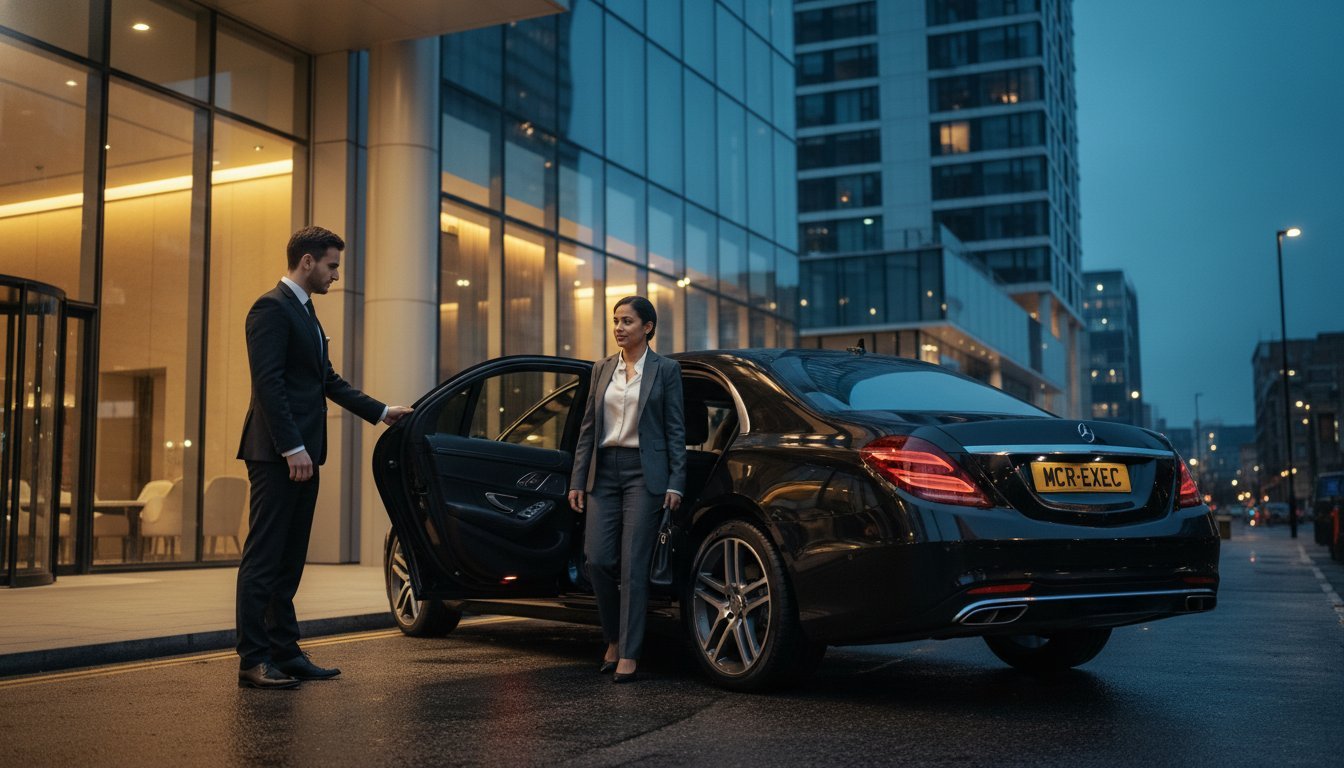 Executive car hire Manchester showing a professional MCR EXEC chauffeur opening the door of a black Mercedes S-Class saloon for a business passenger outside a modern city-centre office building at dusk, luxury corporate chauffeur service with MCR-EXEC number plate.