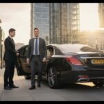 Executive car service Manchester featuring a professional chauffeur opening the door of a black Mercedes S-Class saloon with MCR-EXEC number plate for a business client in a modern city centre.