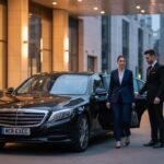 Executive Car Service for Corporate Events with a black Mercedes S-Class chauffeur-driven vehicle by MCR-EXEC, professional chauffeur opening the door for a corporate guest outside a modern business hotel, premium executive transport with MCR-EXEC number plate.