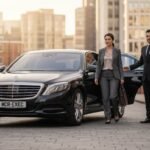Chauffeur service Manchester to London with a black Mercedes S-Class saloon operated by MCR-EXEC, professional chauffeur assisting business passengers in a city centre setting