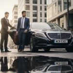 Executive transport North West England featuring a black Mercedes-Benz S-Class luxury saloon by MCR-EXEC, with a professional chauffeur opening the rear door for a corporate client in a modern city centre business district, showcasing premium executive chauffeur service, discreet business travel, and first-class corporate ground transportation across the North West of England.