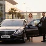 Luxury airport transfers Manchester featuring a black Mercedes S-Class executive saloon operated by MCR EXEC, professional chauffeur assisting passengers outside a modern airport terminal, vehicle displaying MCR-EXEC number plate