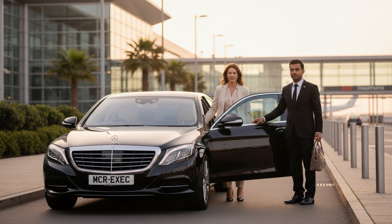 Luxury airport transfers Manchester featuring a black Mercedes S-Class executive saloon operated by MCR EXEC, professional chauffeur assisting passengers outside a modern airport terminal, vehicle displaying MCR-EXEC number plate