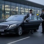 Luxury car service Liverpool Airport with black Mercedes-Benz S-Class chauffeur opening the door for a business traveller outside the terminal, professional MCR-EXEC airport transfer
