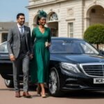 Luxury racecourse chauffeur travel with a black Mercedes S-Class arriving at a prestigious UK racecourse, professionally chauffeured by MCR-EXEC, featuring an elegantly dressed couple stepping out of the vehicle for a premium race day experience.