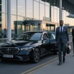 Manchester to Gatwick chauffeur service with black Mercedes S-Class, professional chauffeur in suit, airport executive travel by MCR-EXEC.