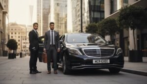 Manchester to London chauffeur price showing a black Mercedes S-Class chauffeur-driven vehicle with MCR-EXEC number plate, professional chauffeurs in business attire standing beside the car in a London financial district setting, representing premium long-distance executive travel.