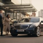 Mercedes chauffeur service Manchester with a black Mercedes S-Class executive saloon parked curbside in the city centre, professional chauffeur standing beside the vehicle as a corporate passenger exits, MCR-EXEC number plate visible, premium executive transport by MCR EXEC.