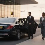 Private Chauffeur Hire Manchester featuring a black Mercedes-Benz S-Class with MCR-EXEC number plate, collecting two business travellers at Manchester Airport terminal with a professional chauffeur assisting luggage.