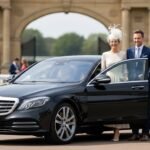 Race Day Chauffeur from Manchester with a black Mercedes S-Class chauffeur-driven by MCR-EXEC, professional chauffeur assisting well-dressed racegoers outside a premier UK racecourse, luxury race day transport with MCR-EXEC number plate.