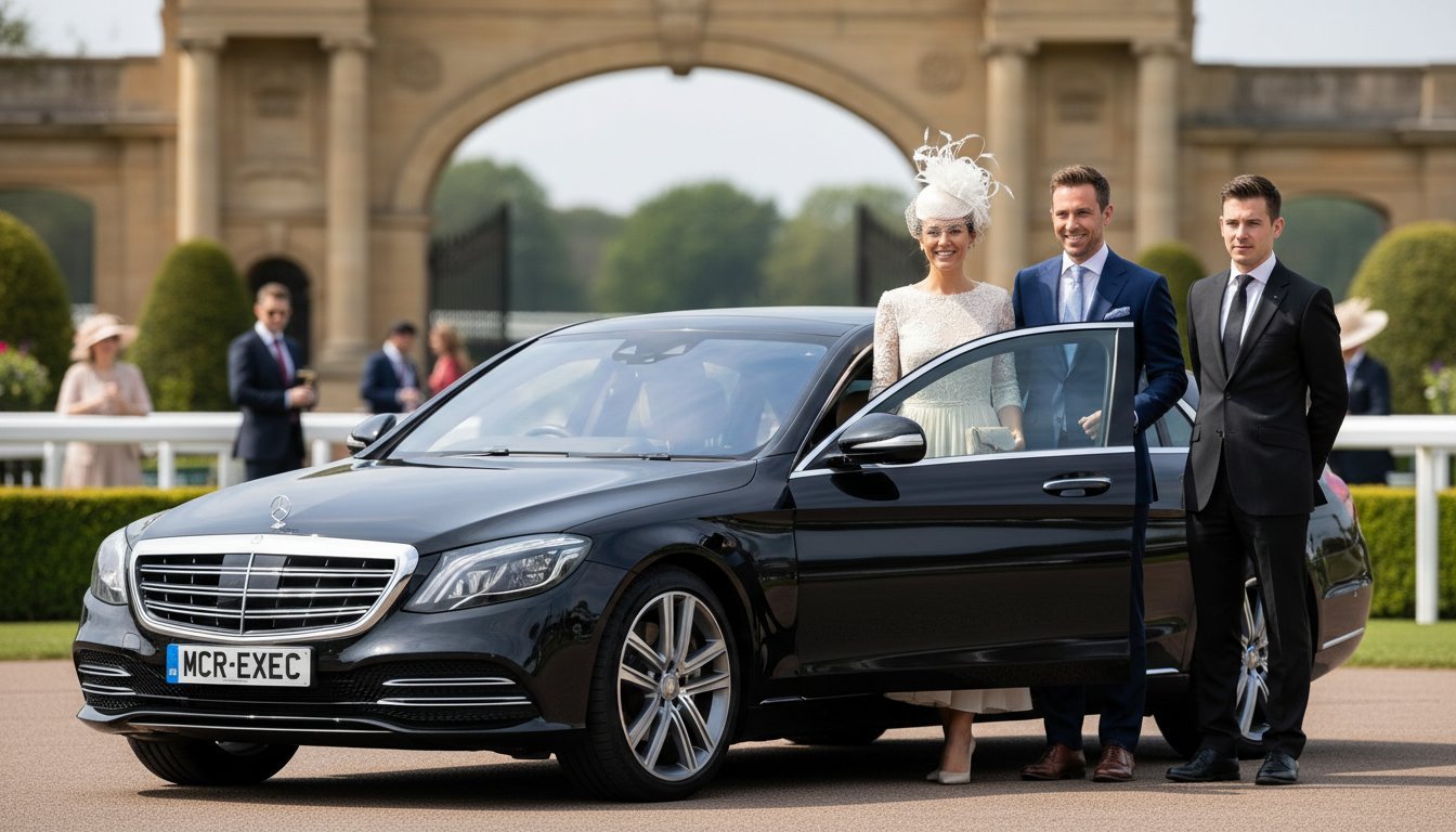 Race Day Chauffeur from Manchester with a black Mercedes S-Class chauffeur-driven by MCR-EXEC, professional chauffeur assisting well-dressed racegoers outside a premier UK racecourse, luxury race day transport with MCR-EXEC number plate.