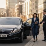 Chauffeur service Manchester with black Mercedes S-Class executive saloon operated by MCR EXEC, professional chauffeur assisting business passenger curbside in Manchester city centre, vehicle displaying MCR-EXEC number plate