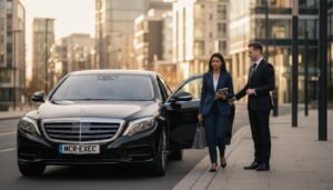 Chauffeur service Manchester with black Mercedes S-Class executive saloon operated by MCR EXEC, professional chauffeur assisting business passenger curbside in Manchester city centre, vehicle displaying MCR-EXEC number plate
