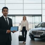 Manchester Airport chauffeur pickup with a professional MCR-EXEC chauffeur standing inside the arrivals terminal beside a black Mercedes-Benz S-Class, greeting a business traveller with luggage for a premium executive transfer service