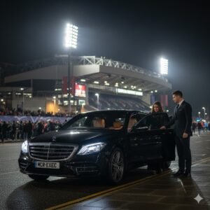 Anfield Champions League Chauffeur Service with black Mercedes S-Class, night-time Anfield pickup, MCR-EXEC executive transport