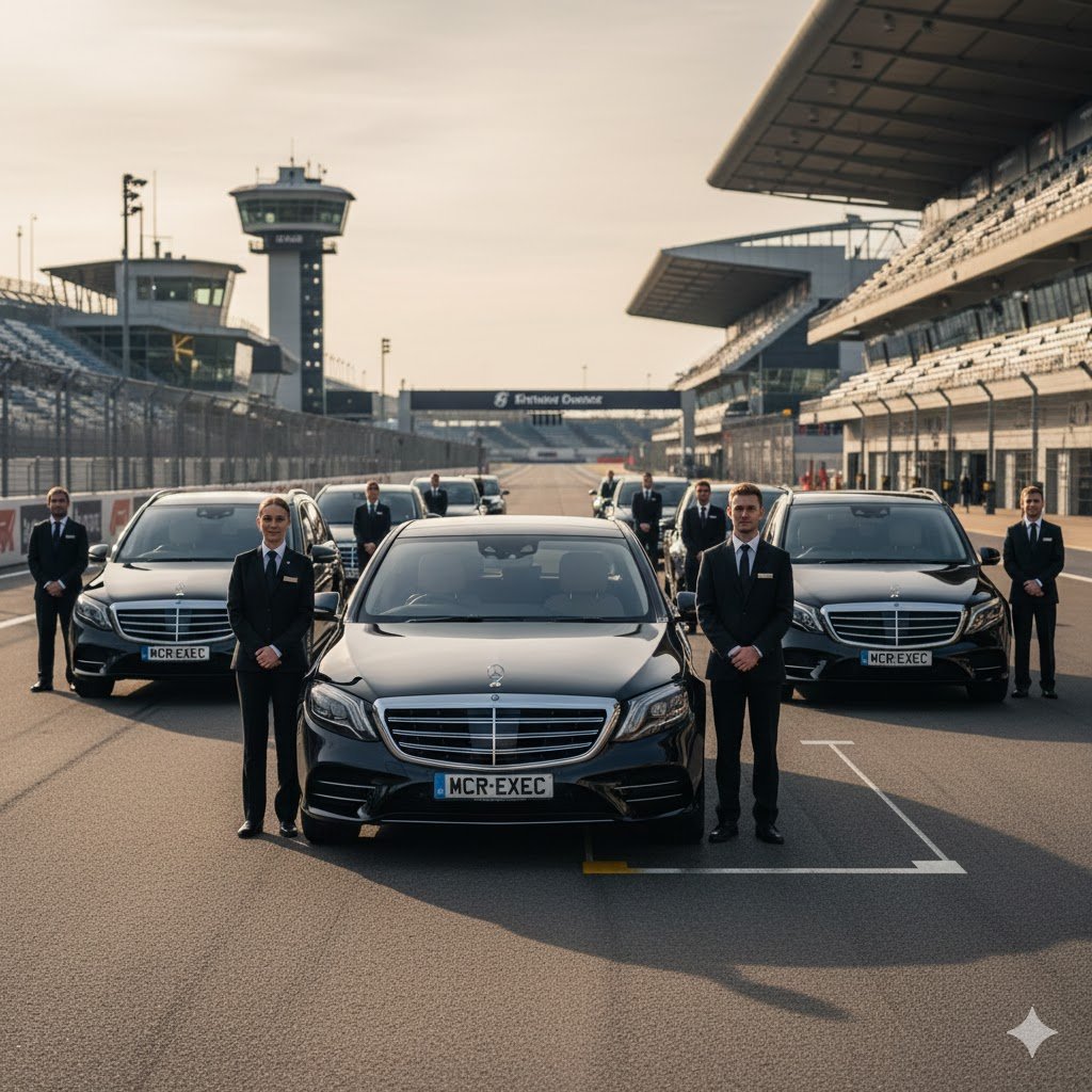 British Grand Prix chauffeur service fleet by MCR-EXEC featuring black Mercedes S-Class and Mercedes V-Class vehicles with professional chauffeurs at Silverstone Circuit, providing luxury chauffeur-driven transport for Formula 1 race weekend.
