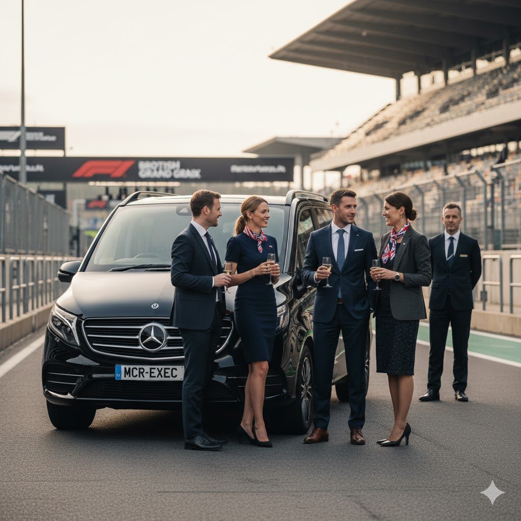 British Grand Prix chauffeur service with black Mercedes V-Class MPV by MCR-EXEC at Silverstone Circuit, showing corporate hospitality guests arriving in luxury with professional chauffeur-driven transport for Formula 1 race day.
