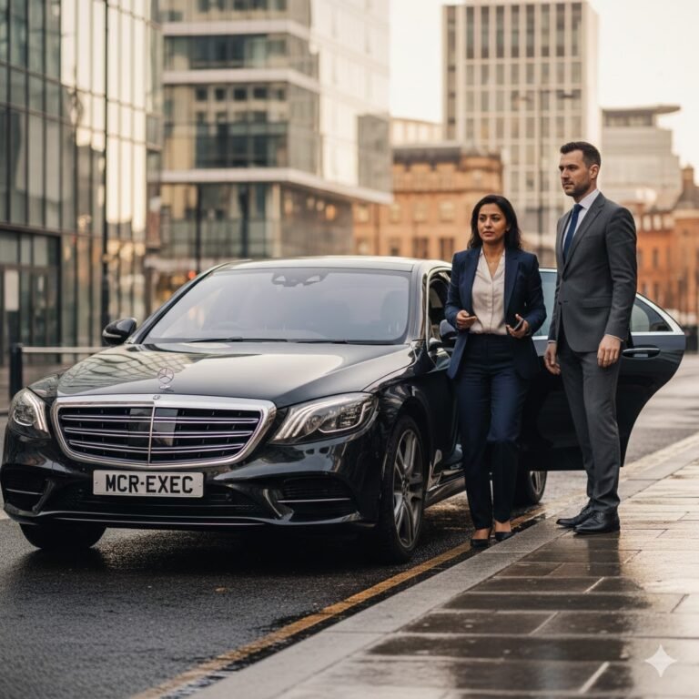 Business travel chauffeur Manchester with black Mercedes S-Class executive car, professional chauffeur opening the door for a corporate client, premium business transport by MCR-EXEC.