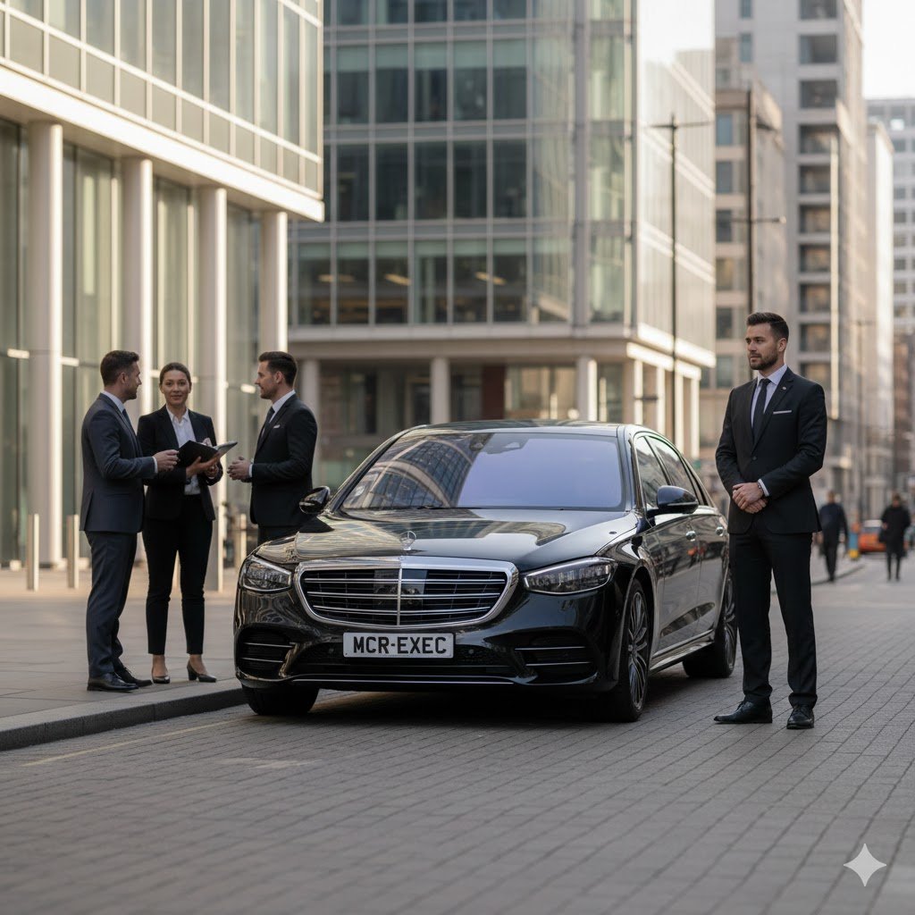 Full day chauffeur service with black Mercedes S-Class chauffeur vehicle, MCR-EXEC number plate visible, professional chauffeur waiting outside a UK business venue during extended hourly hire