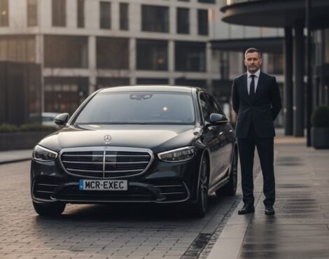 Full day chauffeur service with black Mercedes S-Class chauffeur vehicle, MCR-EXEC number plate visible, professional chauffeur on standby outside a luxury UK business venue, representing extended hourly chauffeur hire. Full day chauffeur service with Mercedes S-Class executive vehicle by MCR EXEC
